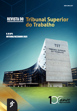 Fotografia do edifício-sede do Tribunal Superior do Trabalho, com arquitetura curva de vidro e uma estrutura de concreto com a inscrição “TST Tribunal Superior do Trabalho”. Ao fundo, um céu em tons de azul com gradiente para verde e um gramado na parte inferior. No topo, o título: Revista do Tribunal Superior do Trabalho. À esquerda, a indicação: v. 91, n. 4, outubro/dezembro 2025.